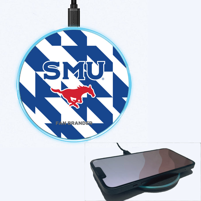 Fan Brander Grey 15W Wireless Charger with SMU Mustangs Primary Logo on Geometric Quad Background