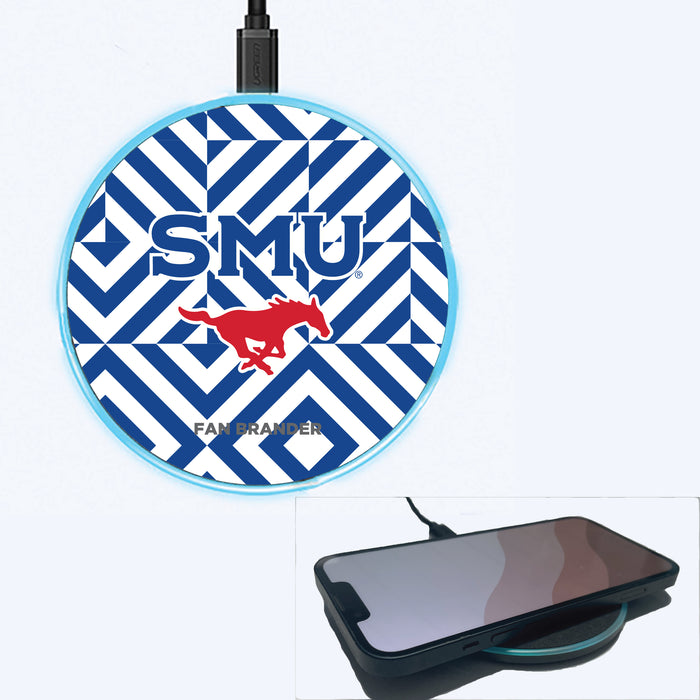Fan Brander Grey 15W Wireless Charger with SMU Mustangs Primary Logo on Geometric Diamonds Background