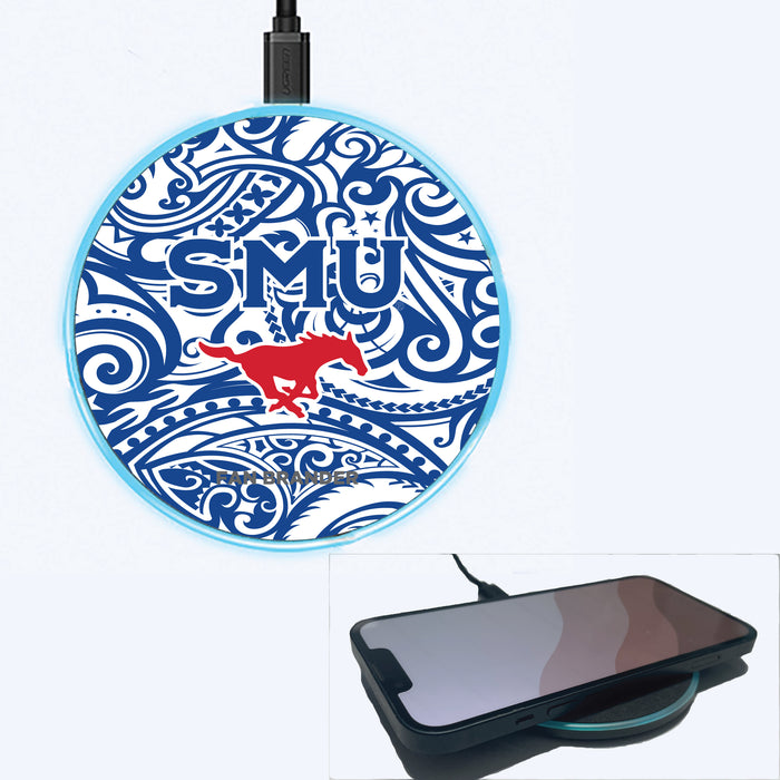 Fan Brander Grey 15W Wireless Charger with SMU Mustangs Primary Logo With Team Color Tribal Background