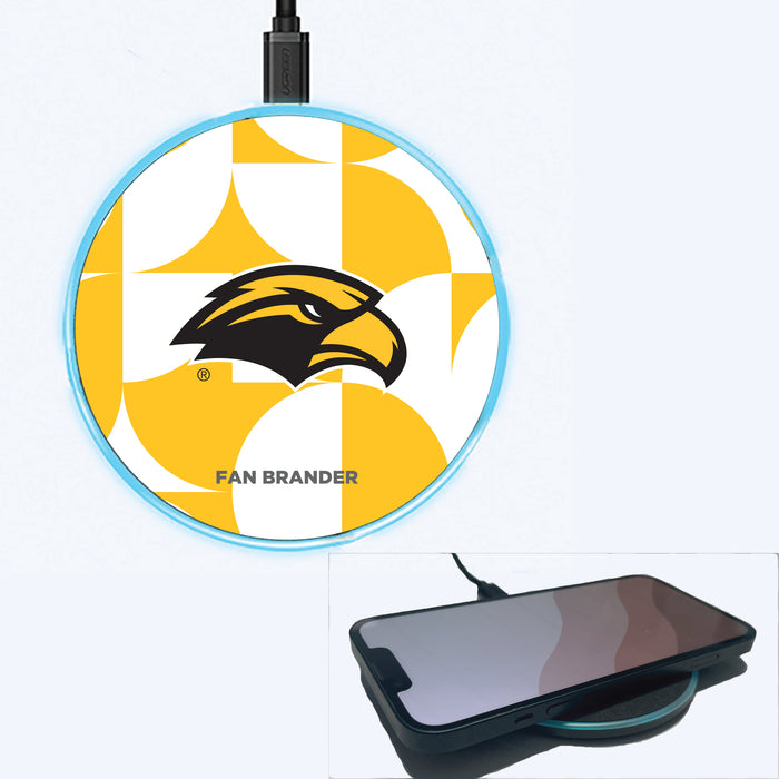 Fan Brander Grey 15W Wireless Charger with Southern Mississippi Golden Eagles Primary Logo on Geometric Circle Background