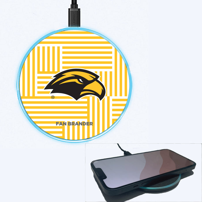 Fan Brander Grey 15W Wireless Charger with Southern Mississippi Golden Eagles Primary Logo on Geometric Lines Background