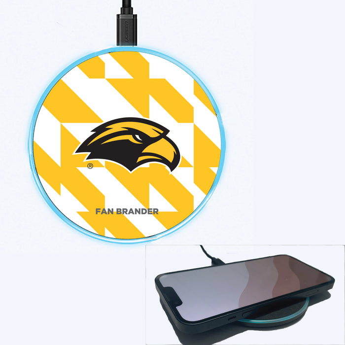 Fan Brander Grey 15W Wireless Charger with Southern Mississippi Golden Eagles Primary Logo on Geometric Quad Background