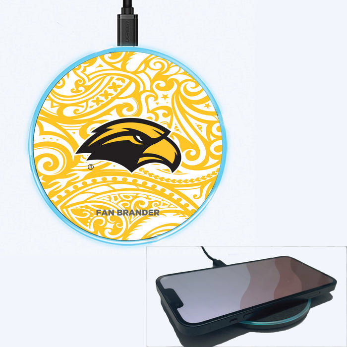 Fan Brander Grey 15W Wireless Charger with Southern Mississippi Golden Eagles Primary Logo With Team Color Tribal Background