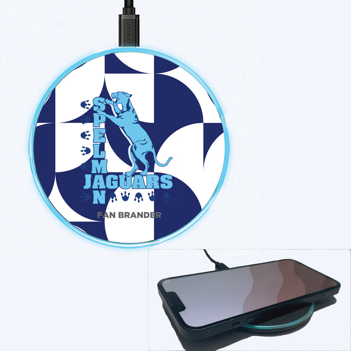 Fan Brander Grey 15W Wireless Charger with Spelman College Jaguars Primary Logo on Geometric Circle Background