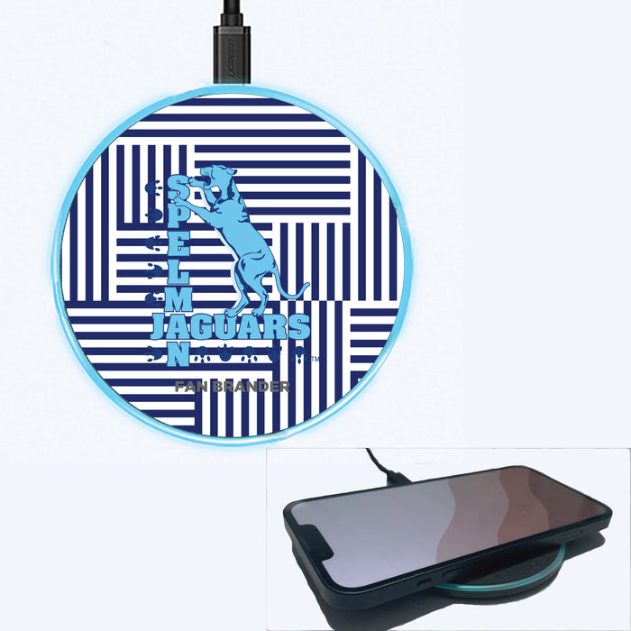 Fan Brander Grey 15W Wireless Charger with Spelman College Jaguars Primary Logo on Geometric Lines Background