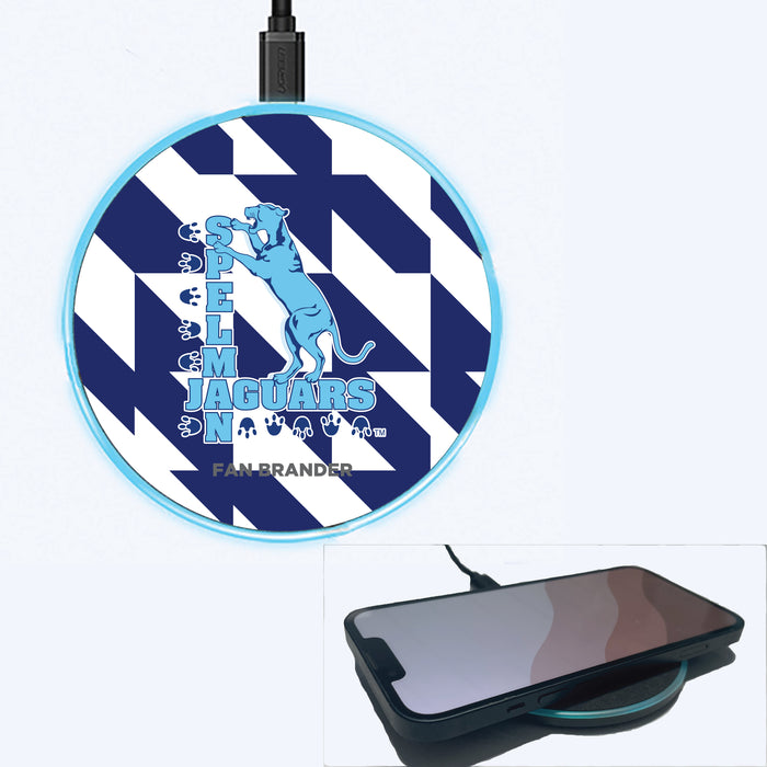Fan Brander Grey 15W Wireless Charger with Spelman College Jaguars Primary Logo on Geometric Quad Background