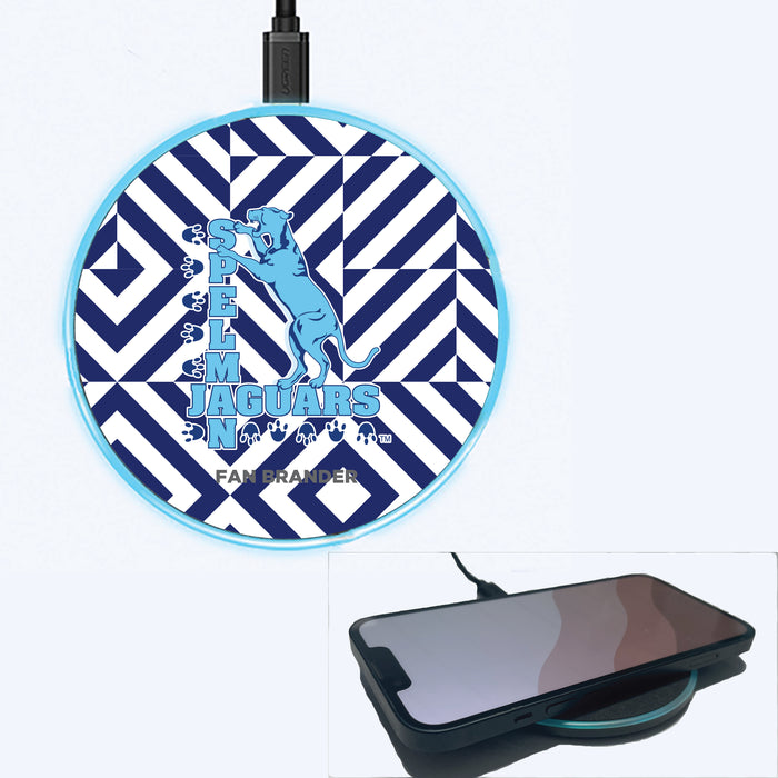 Fan Brander Grey 15W Wireless Charger with Spelman College Jaguars Primary Logo on Geometric Diamonds Background