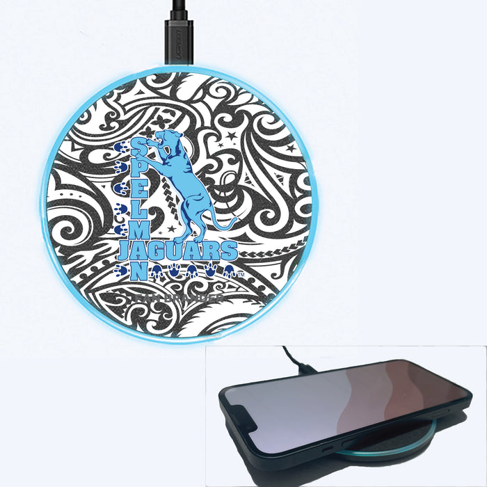 Fan Brander Grey 15W Wireless Charger with Spelman College Jaguars Primary Logo With Black Tribal