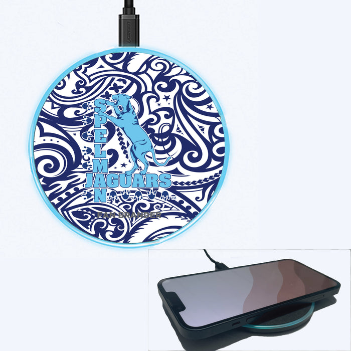 Fan Brander Grey 15W Wireless Charger with Spelman College Jaguars Primary Logo With Team Color Tribal Background