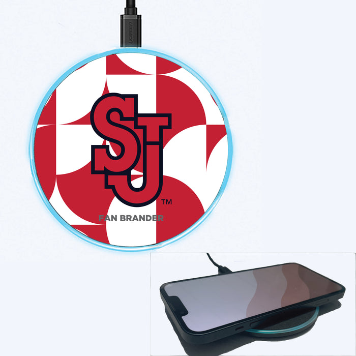 Fan Brander Grey 15W Wireless Charger with St. John's Red Storm Primary Logo on Geometric Circle Background