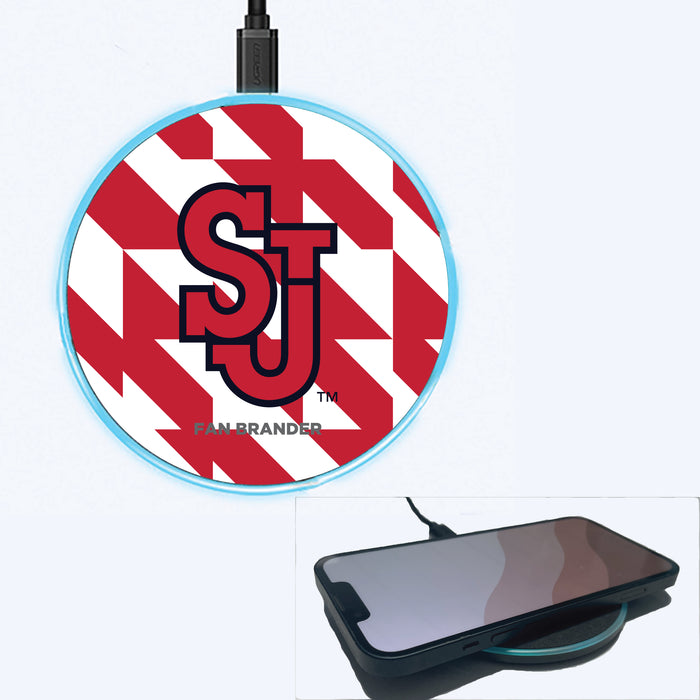 Fan Brander Grey 15W Wireless Charger with St. John's Red Storm Primary Logo on Geometric Quad Background