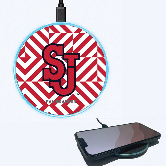 Fan Brander Grey 15W Wireless Charger with St. John's Red Storm Primary Logo on Geometric Diamonds Background