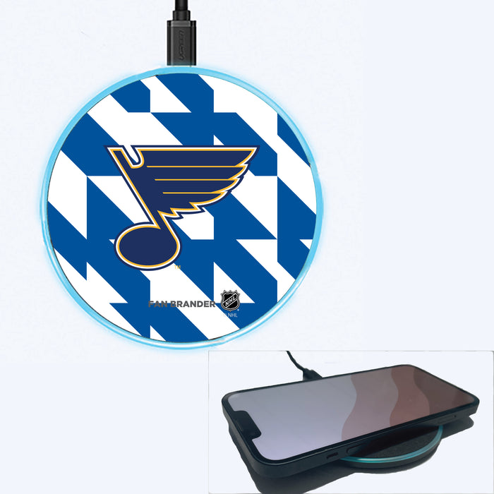 Fan Brander Grey 15W Wireless Charger with St. Louis Blues Primary Logo on Geometric Quad Background