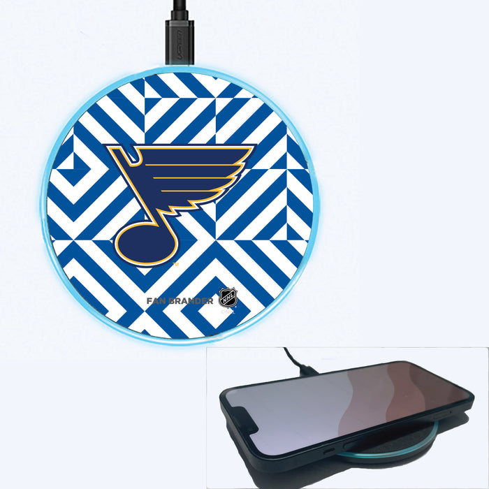Fan Brander Grey 15W Wireless Charger with St. Louis Blues Primary Logo on Geometric Diamonds Background