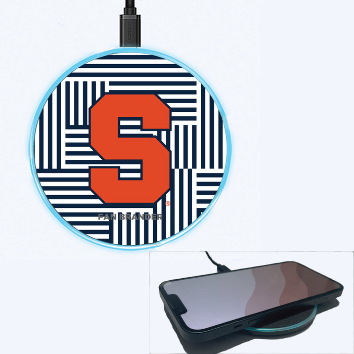 Fan Brander Grey 15W Wireless Charger with Syracuse Orange Primary Logo on Geometric Lines Background