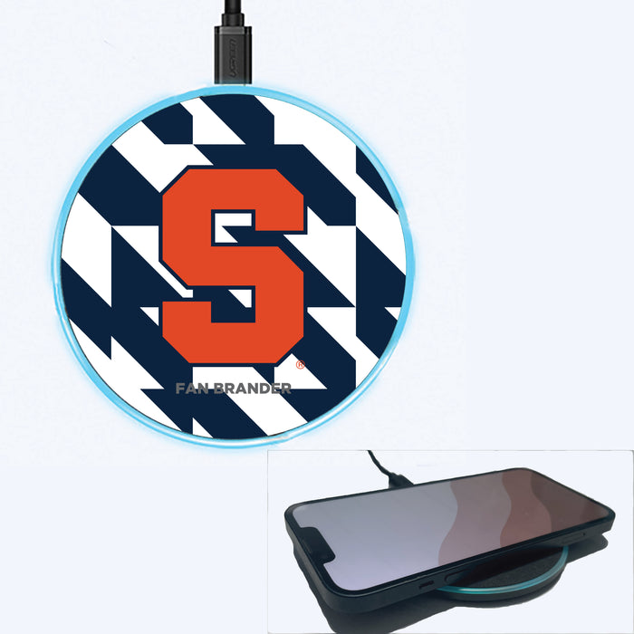 Fan Brander Grey 15W Wireless Charger with Syracuse Orange Primary Logo on Geometric Quad Background