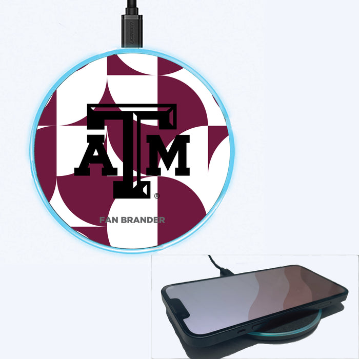 Fan Brander Grey 15W Wireless Charger with Texas A&M Aggies Primary Logo on Geometric Circle Background