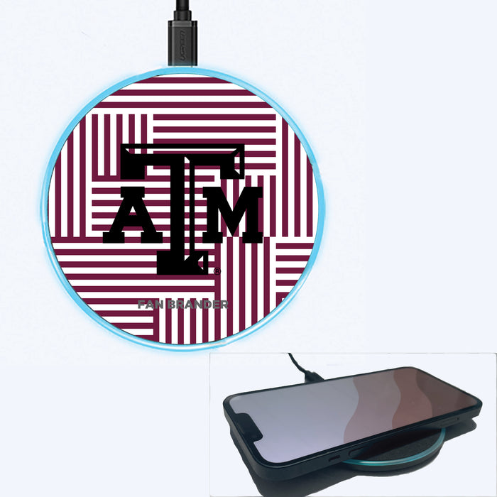 Fan Brander Grey 15W Wireless Charger with Texas A&M Aggies Primary Logo on Geometric Lines Background