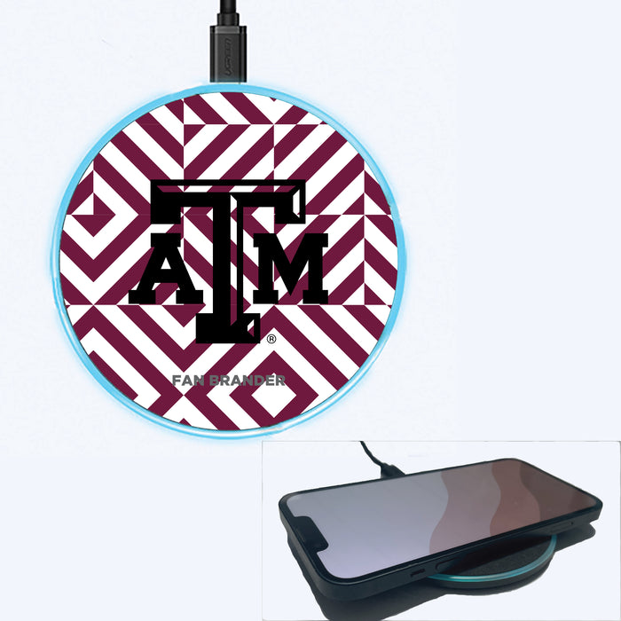 Fan Brander Grey 15W Wireless Charger with Texas A&M Aggies Primary Logo on Geometric Diamonds Background