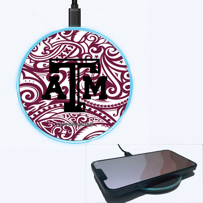Fan Brander Grey 15W Wireless Charger with Texas A&M Aggies Primary Logo With Team Color Tribal Background