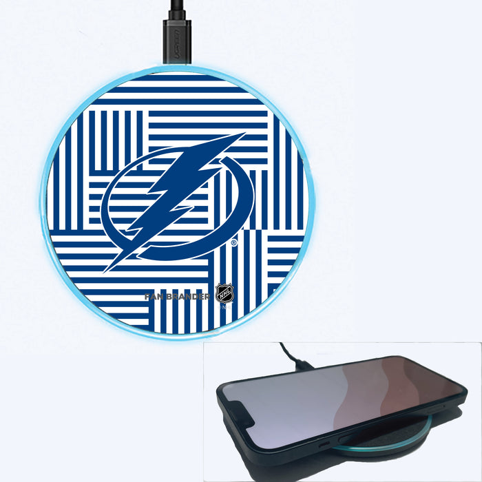 Fan Brander Grey 15W Wireless Charger with Tampa Bay Lightning Primary Logo on Geometric Lines Background