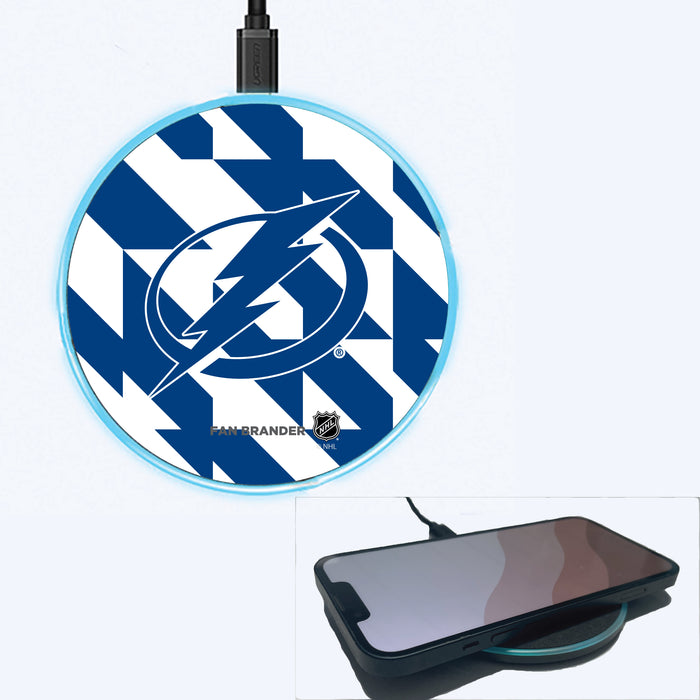 Fan Brander Grey 15W Wireless Charger with Tampa Bay Lightning Primary Logo on Geometric Quad Background