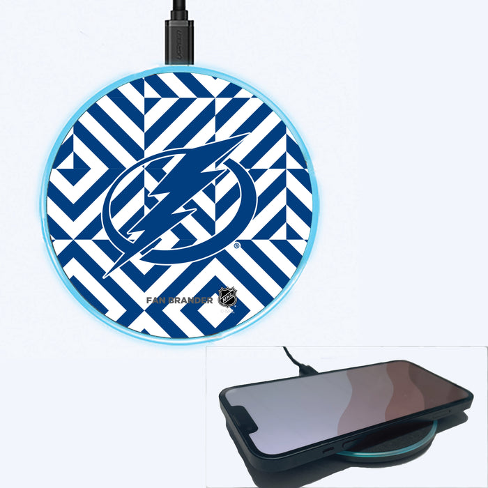 Fan Brander Grey 15W Wireless Charger with Tampa Bay Lightning Primary Logo on Geometric Diamonds Background