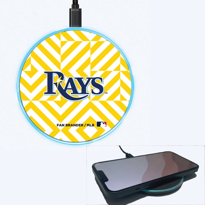 Fan Brander Grey 15W Wireless Charger with Tampa Bay Rays Primary Logo on Geometric Diamonds Background