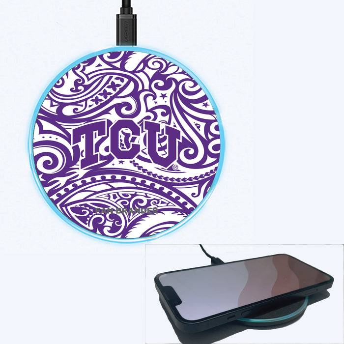 Fan Brander Grey 15W Wireless Charger with Texas Christian University Horned Frogs Primary Logo With Team Color Tribal Background