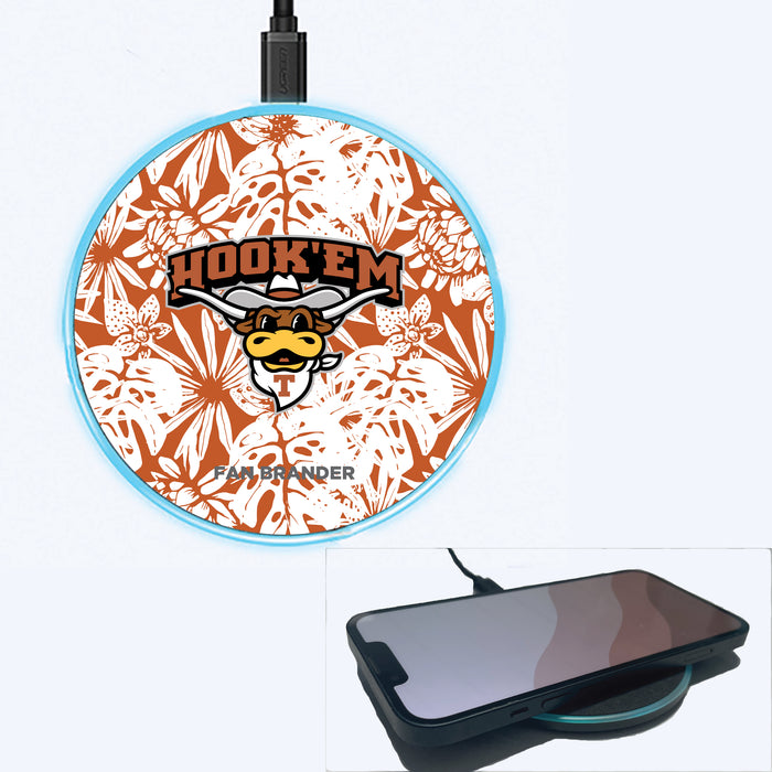 Fan Brander Grey 15W Wireless Charger with Texas Longhorns  Hook EM with Team Color Hawain Pattern