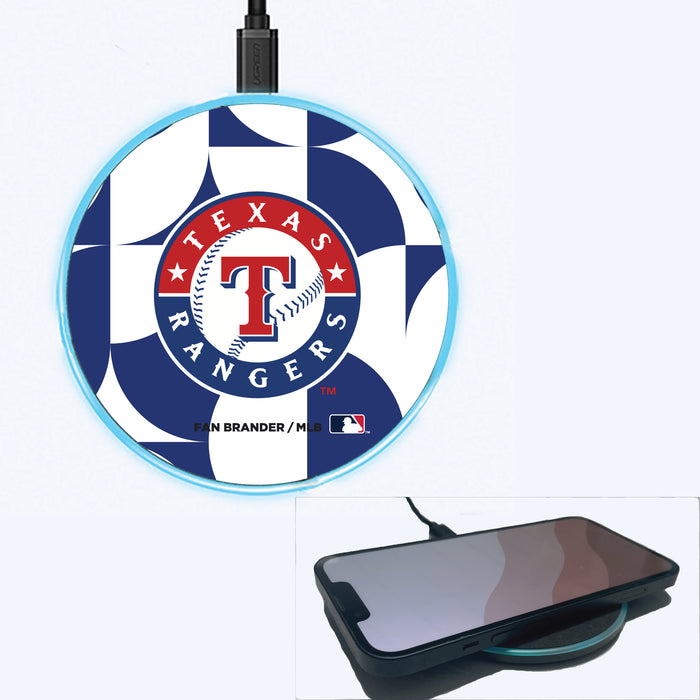 Fan Brander Grey 15W Wireless Charger with Texas Rangers Primary Logo on Geometric Circle Background