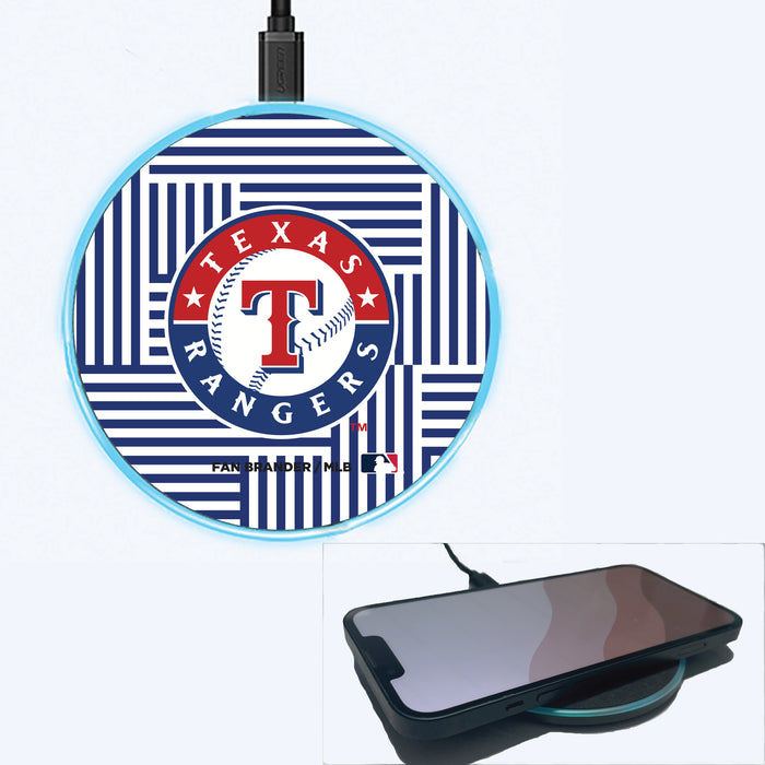 Fan Brander Grey 15W Wireless Charger with Texas Rangers Primary Logo on Geometric Lines Background