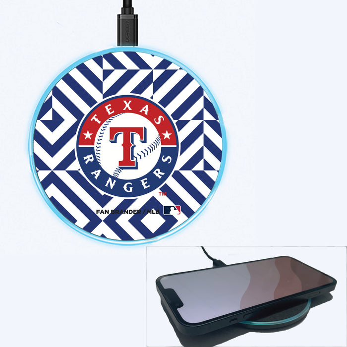 Fan Brander Grey 15W Wireless Charger with Texas Rangers Primary Logo on Geometric Diamonds Background