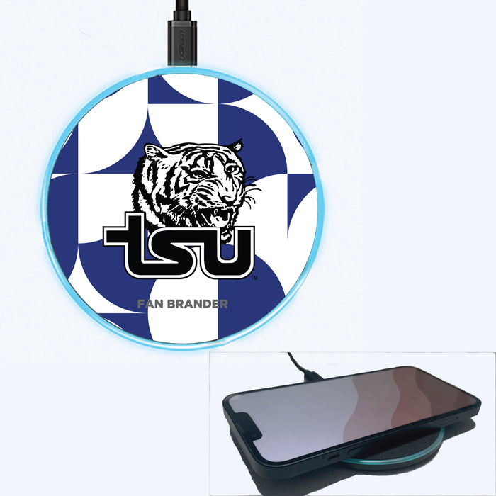 Fan Brander Grey 15W Wireless Charger with Tennessee State Tigers Primary Logo on Geometric Circle Background