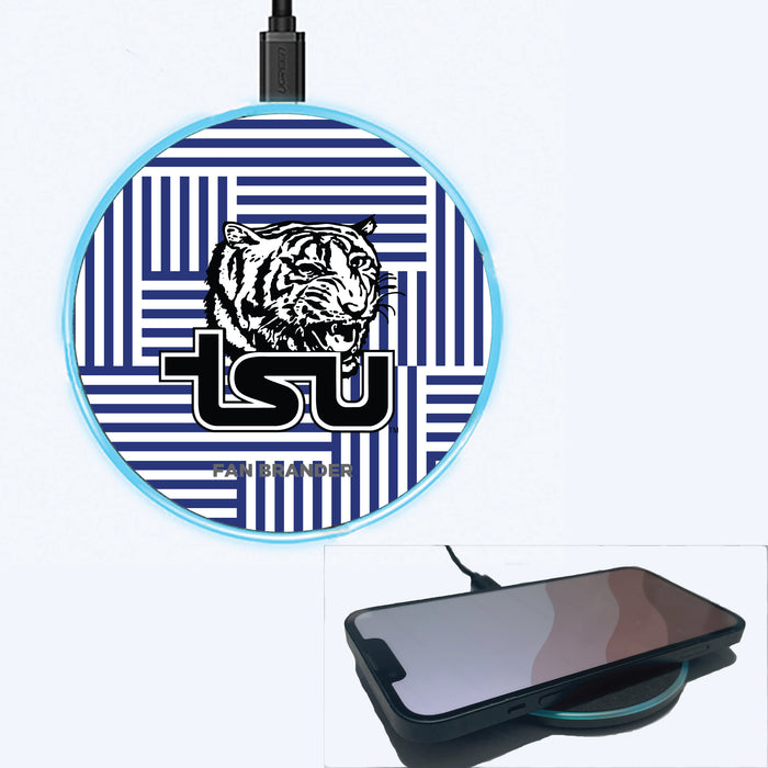 Fan Brander Grey 15W Wireless Charger with Tennessee State Tigers Primary Logo on Geometric Lines Background