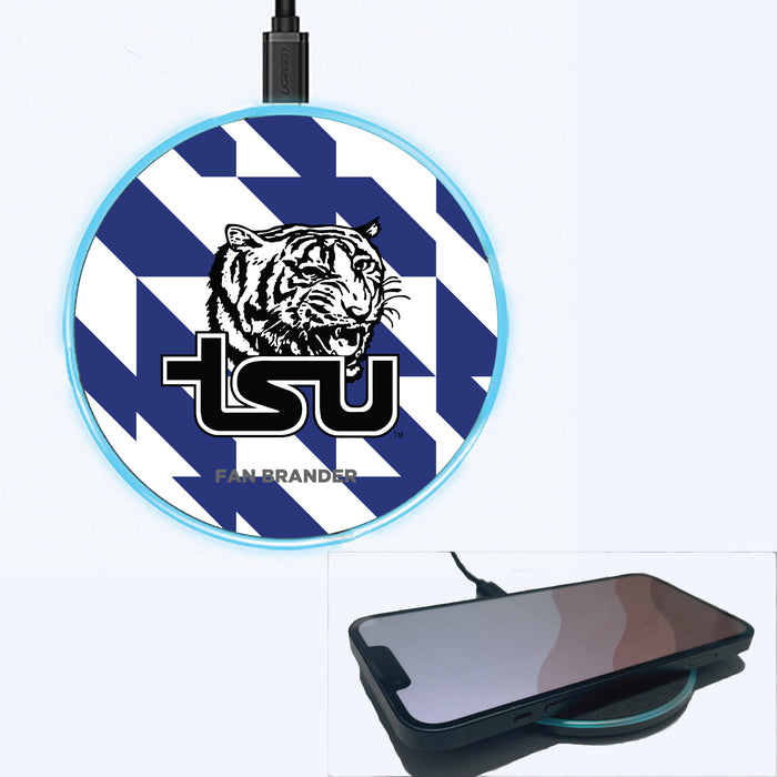 Fan Brander Grey 15W Wireless Charger with Tennessee State Tigers Primary Logo on Geometric Quad Background