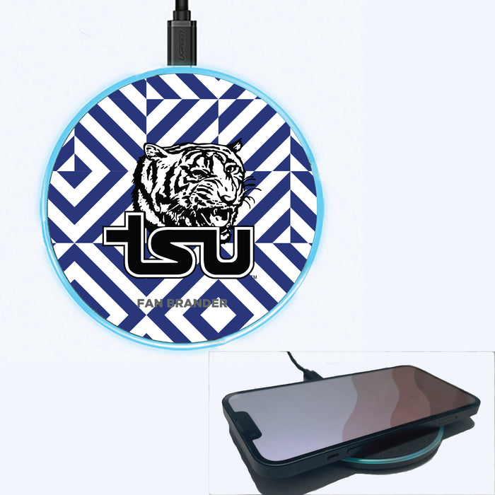 Fan Brander Grey 15W Wireless Charger with Tennessee State Tigers Primary Logo on Geometric Diamonds Background