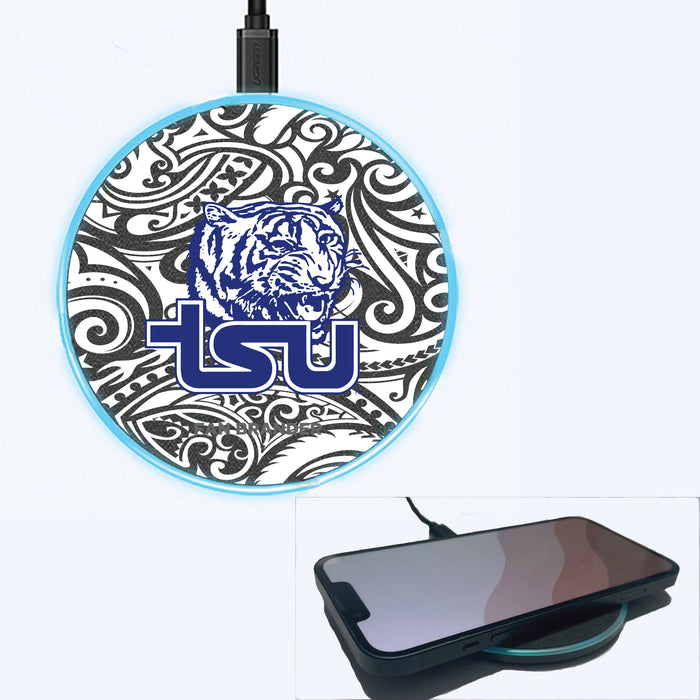 Fan Brander Grey 15W Wireless Charger with Tennessee State Tigers Primary Logo With Black Tribal