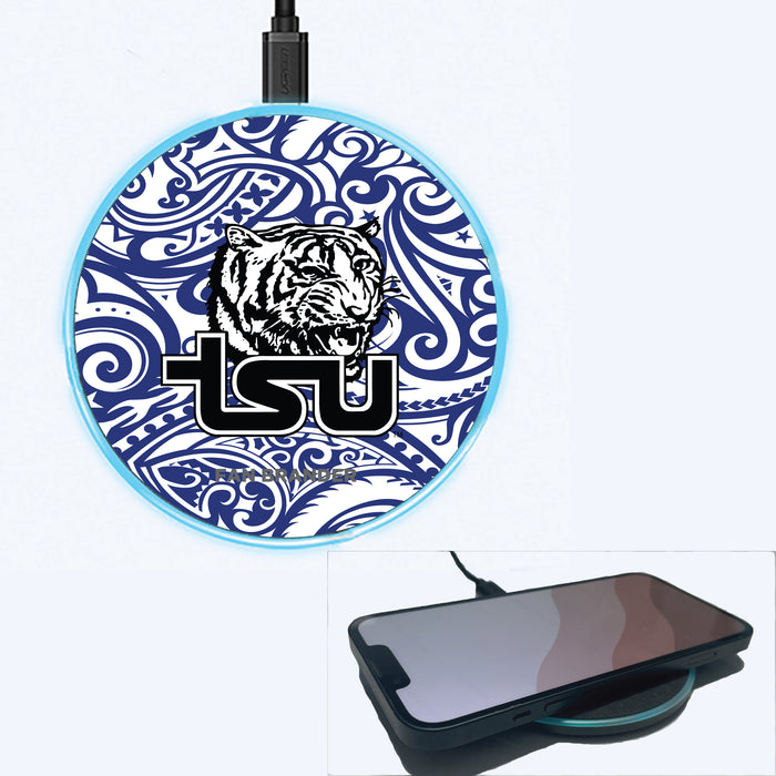 Fan Brander Grey 15W Wireless Charger with Tennessee State Tigers Primary Logo With Team Color Tribal Background