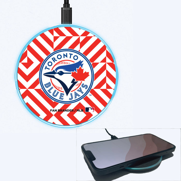Fan Brander Grey 15W Wireless Charger with Toronto Blue Jays Primary Logo on Geometric Diamonds Background