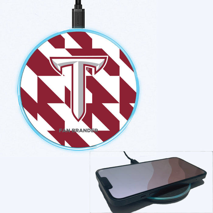Fan Brander Grey 15W Wireless Charger with Troy Trojans Primary Logo on Geometric Quad Background