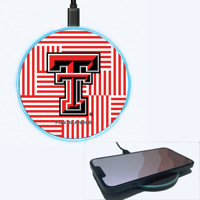 Fan Brander Grey 15W Wireless Charger with Texas Tech Red Raiders Primary Logo on Geometric Lines Background
