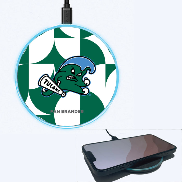 Fan Brander Grey 15W Wireless Charger with Tulane Green Wave Primary Logo on Geometric Circle Background