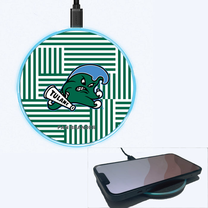 Fan Brander Grey 15W Wireless Charger with Tulane Green Wave Primary Logo on Geometric Lines Background