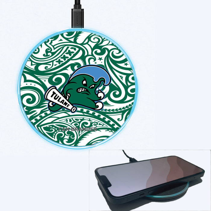 Fan Brander Grey 15W Wireless Charger with Tulane Green Wave Primary Logo With Team Color Tribal Background