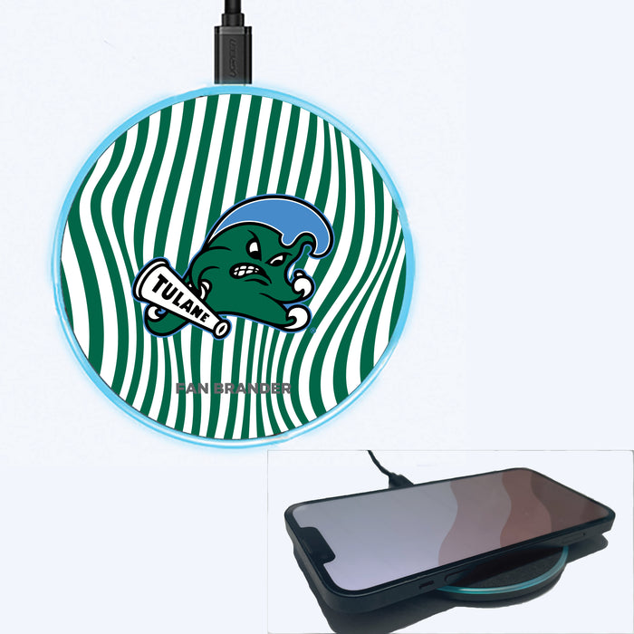 Fan Brander Grey 15W Wireless Charger with Tulane Green Wave Primary Logo With Team Groovey Lines