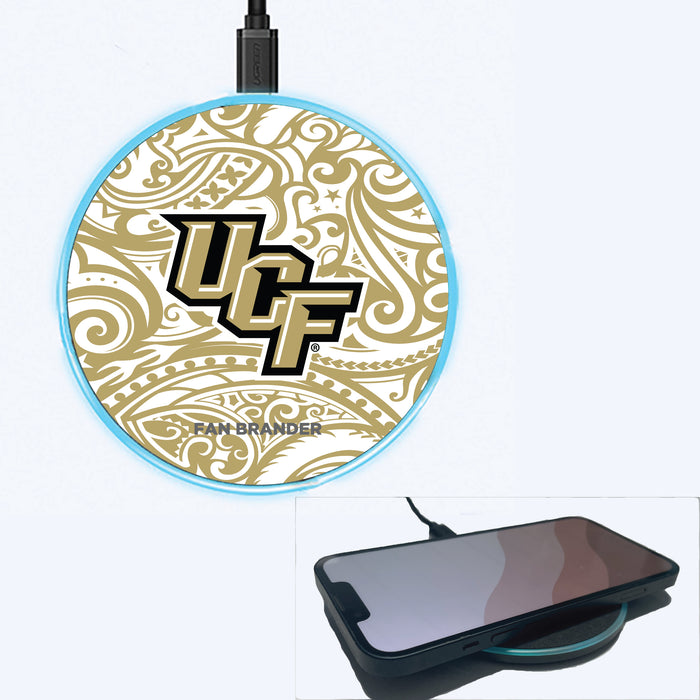 Fan Brander Grey 15W Wireless Charger with UCF Knights Primary Logo With Team Color Tribal Background