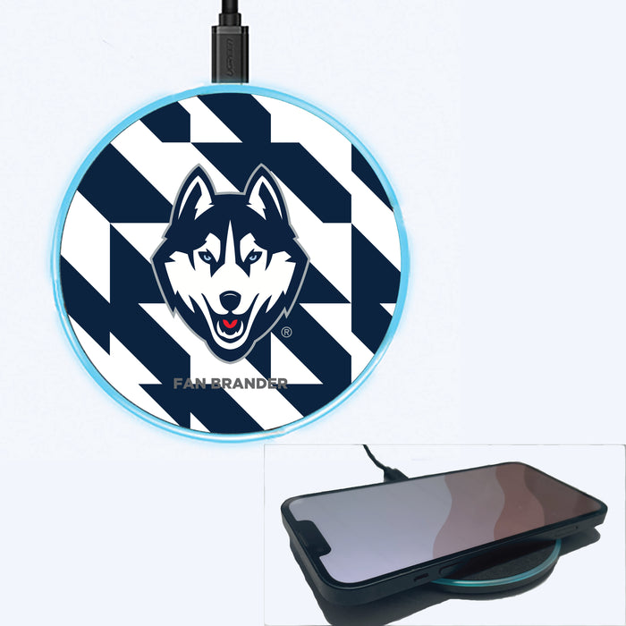 Fan Brander Grey 15W Wireless Charger with Uconn Huskies Primary Logo on Geometric Quad Background