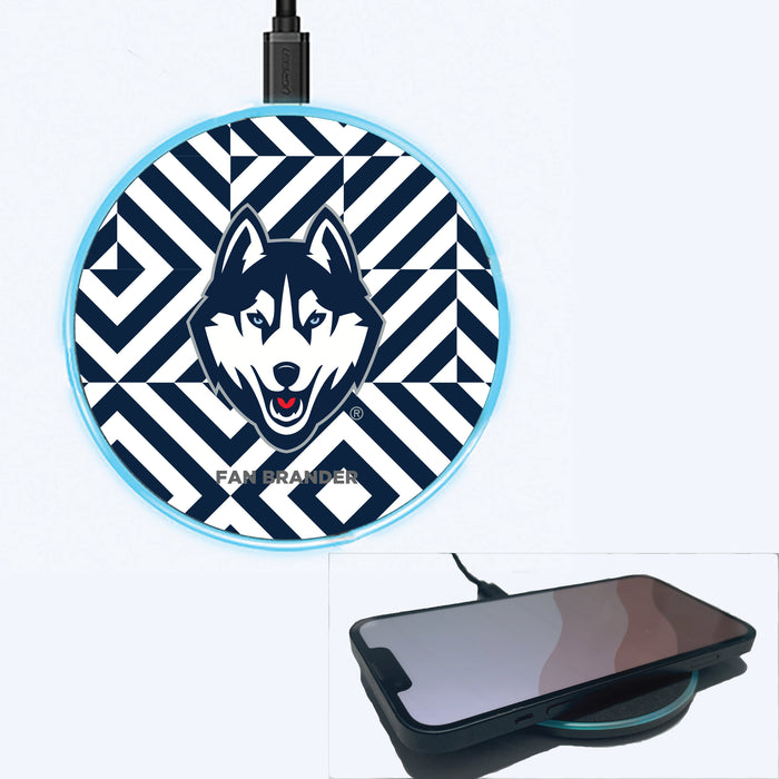 Fan Brander Grey 15W Wireless Charger with Uconn Huskies Primary Logo on Geometric Diamonds Background