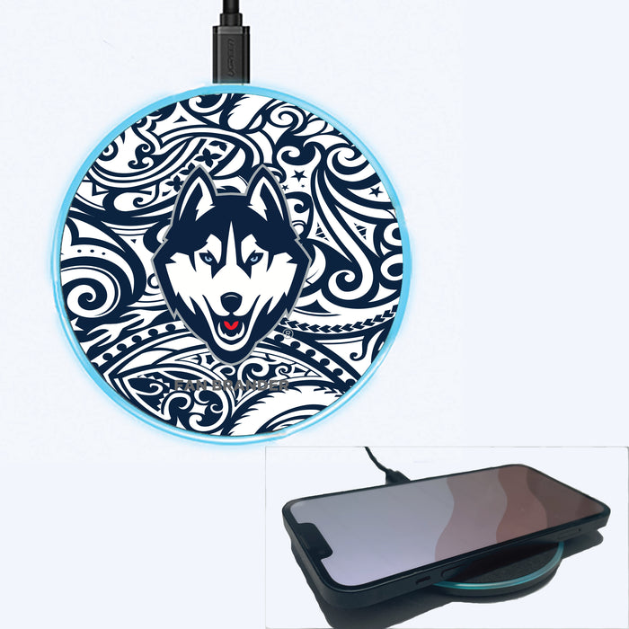 Fan Brander Grey 15W Wireless Charger with Uconn Huskies Primary Logo With Team Color Tribal Background